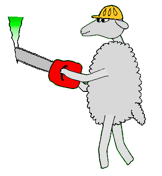 a sheep with a chainsaw